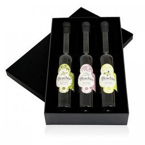 Gift package in an elegant black box, consisting of Brachia flavored oil with Basil 0.1 L, Brachia flavored oil with Rosemary 0.1 L and Brachia flavored oil with Lemon 0.1 L. Product of Croatia.