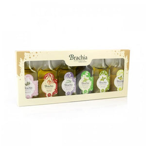 A collection containing a palette of six mini Brachia aromatized olive oils, aromatized with the natural garlic, chili, rosemary, mint, sage and lemon. Makes  a great sampler or gift idea. Six 20 ML mini bottles. Product of Croatia